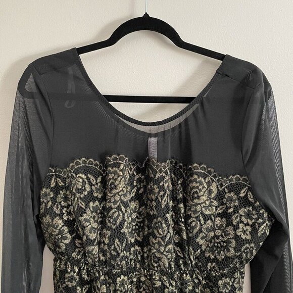 Cacique 18/20 Black Gold Metallic Lace Mesh Sheer Gothic Long Sleeve Bodysuit - Picture 5 of 12